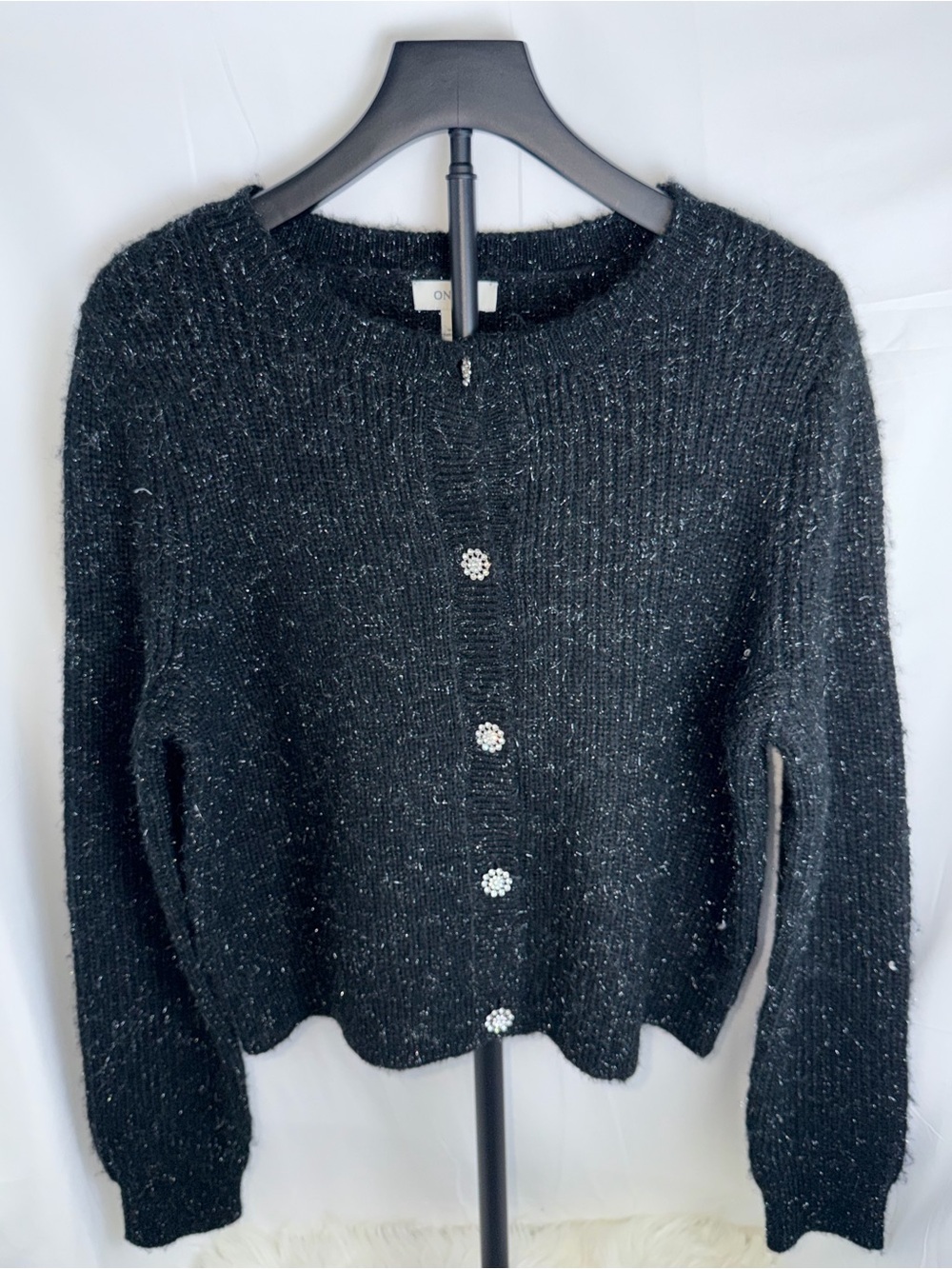 ON 34H Women’s Black Knit Cardigan Sweater Sparkle Rhinestone Floral Buttons XL